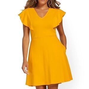 NY & Company Yellow Ruffled Sleeve Fit & Flare Dress -Size Large